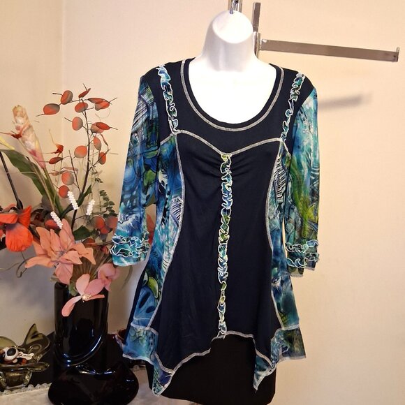 NWT Zoe Women's Navy-Blue Teal Patchwork Design Blouse ¾ Sleeve Top Size 10 M - Picture 3 of 9